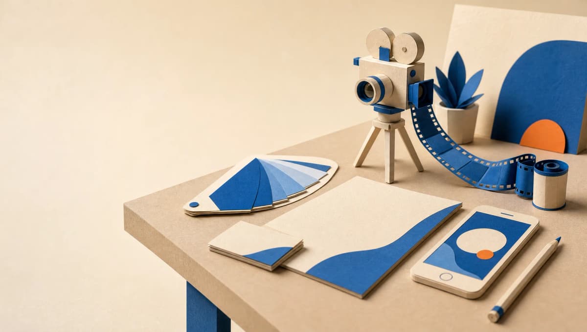 La mesa del estudio: muestrario de colores, tarjetas y hoja con la marca, una cámara de cine de papel con su rollo y un celular con la pieza para redes