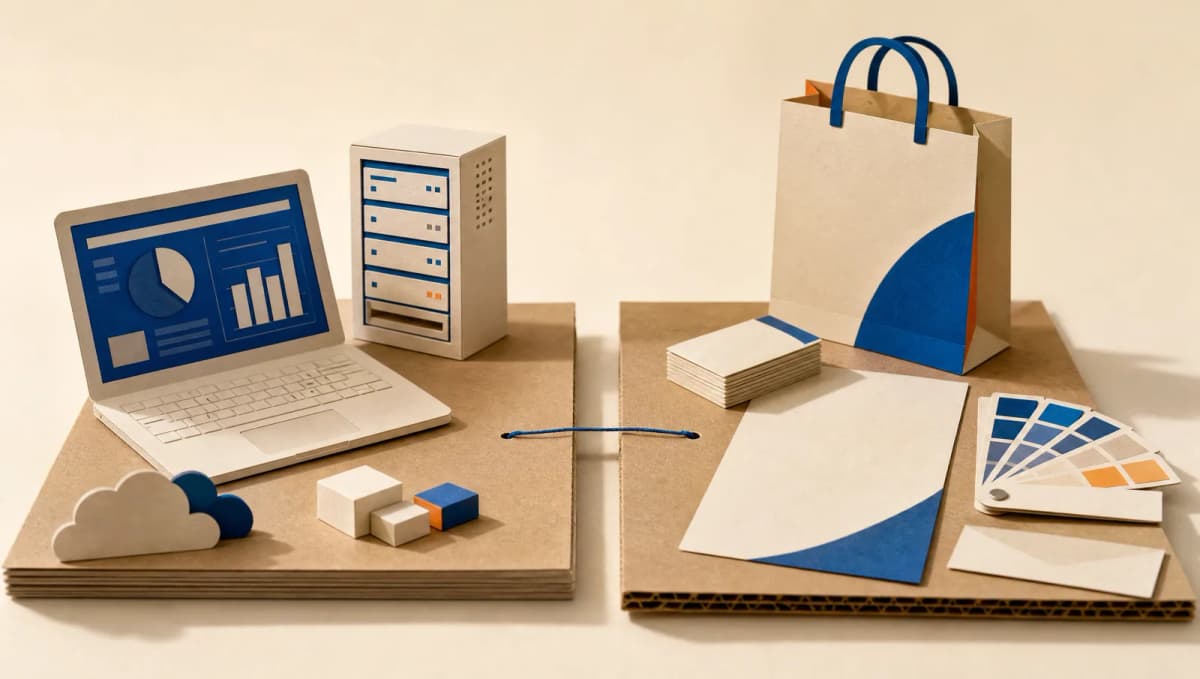 Una misma mesa: a un lado la computadora con el panel del sistema, al otro las tarjetas, la hoja y la bolsa con la marca, unidas por un hilo azul