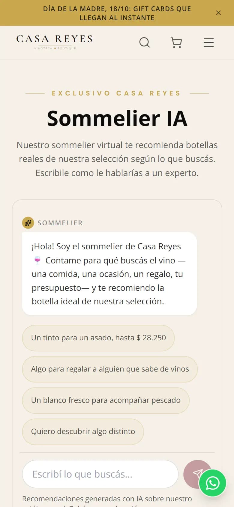 Casa Reyes, Sommelier con IA — celular