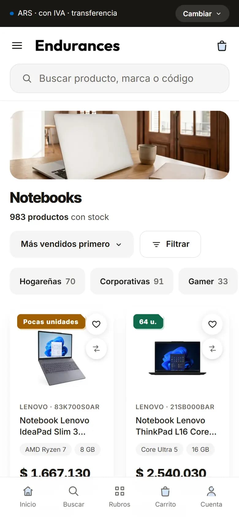 Endurances, Catálogo de un rubro — celular