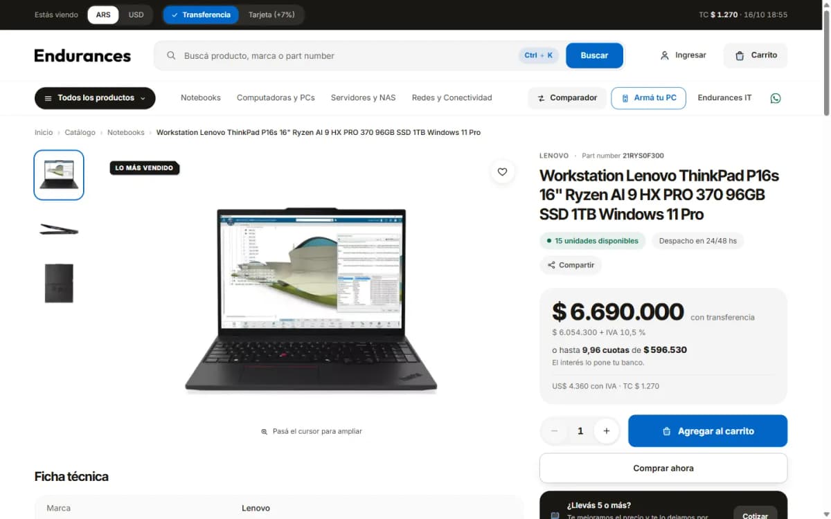 Endurances, Ficha con precio por medio de pago — escritorio