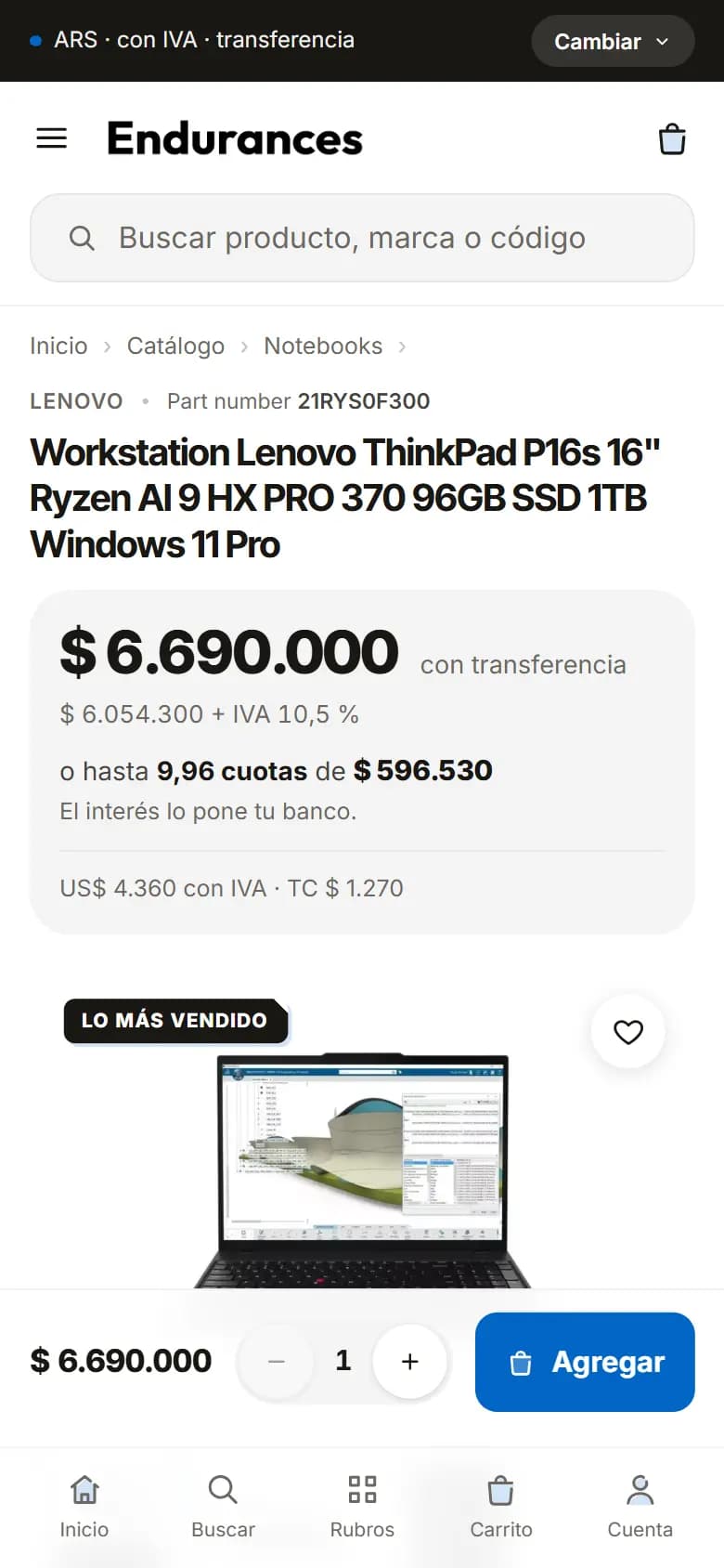 Endurances, Ficha con precio por medio de pago — celular
