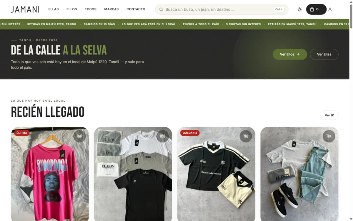 Portada de la tienda de Jamani, indumentaria urbana, con lo recién llegado al local