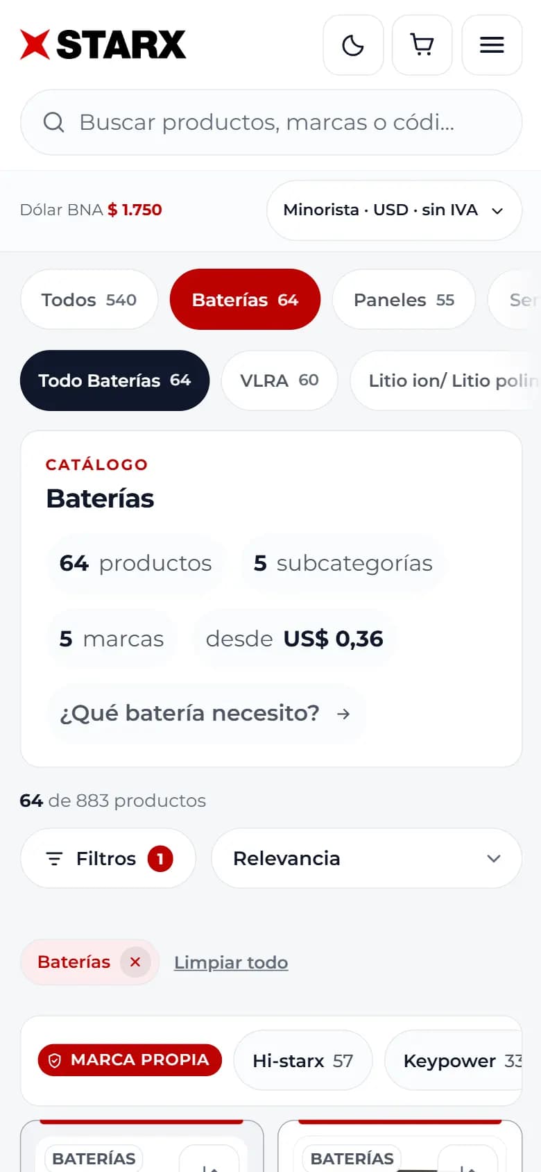 Starx, Catálogo con filtros — celular