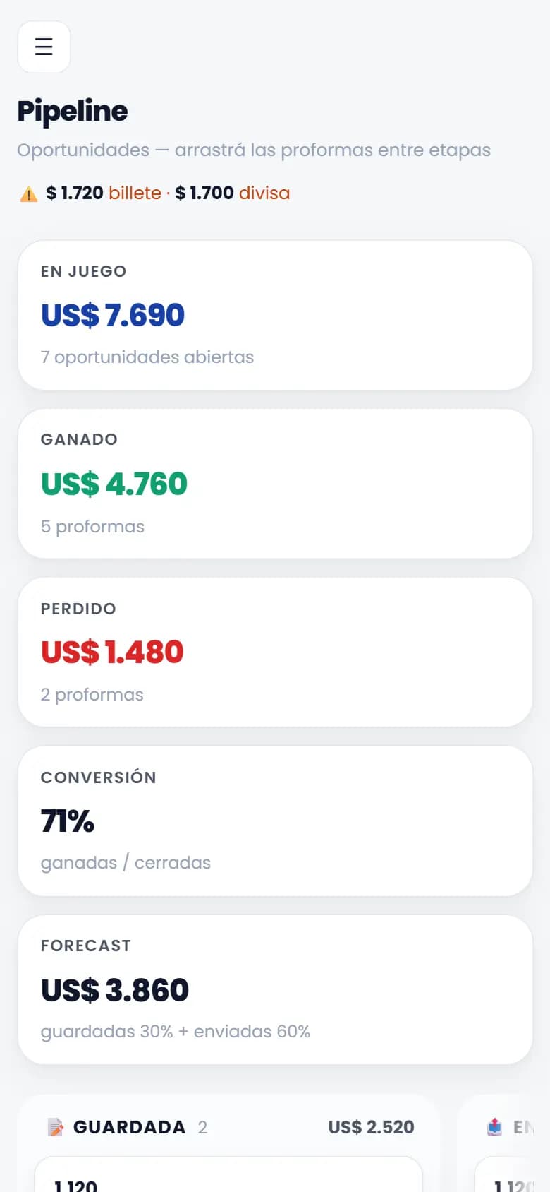 Starx, Panel · proformas por etapa — celular