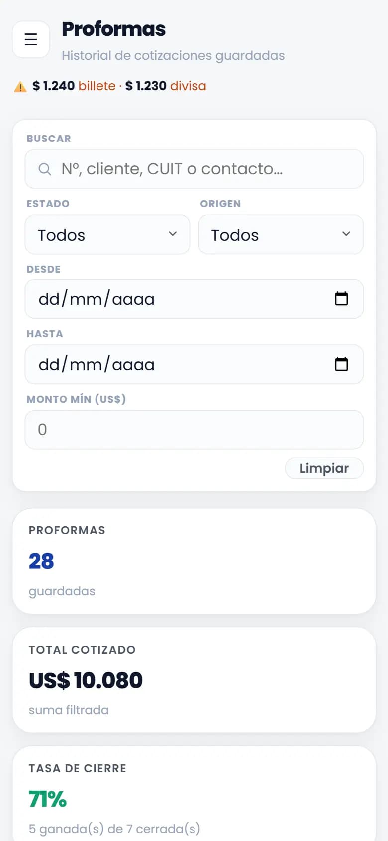 Starx, Panel · proformas — celular