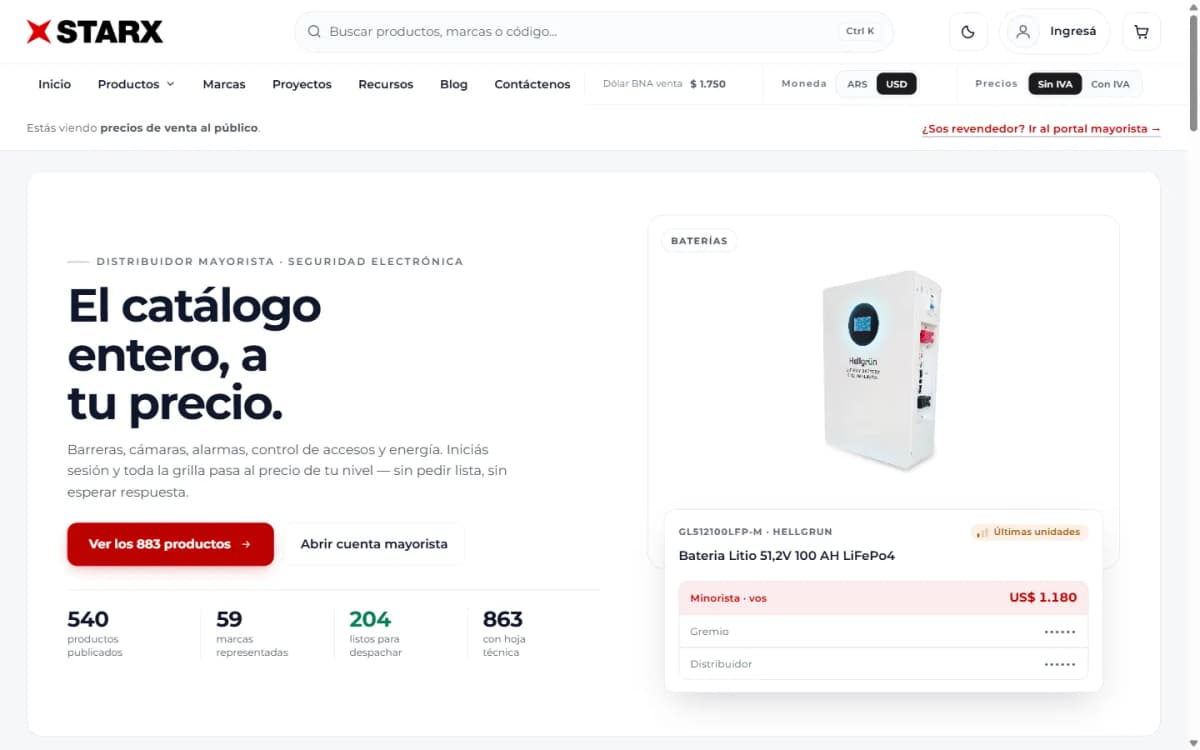 Portal mayorista de Starx: catálogo de seguridad electrónica