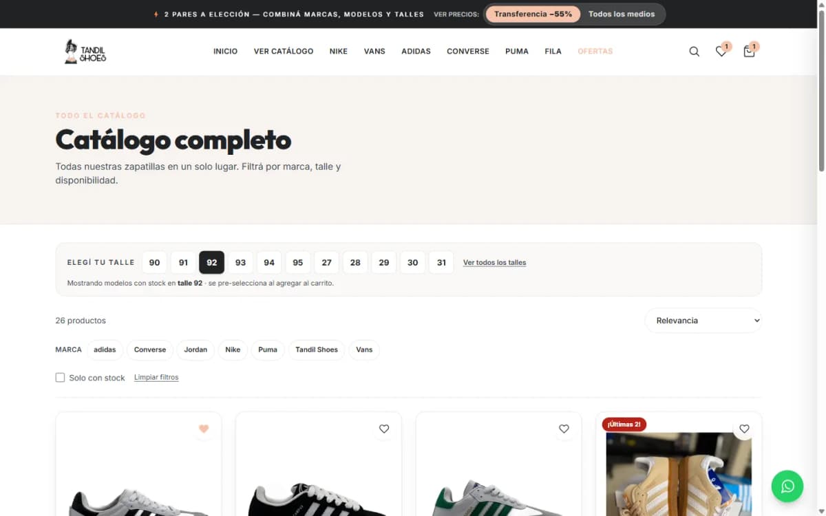 Tandil Shoes, Catálogo por talle — escritorio