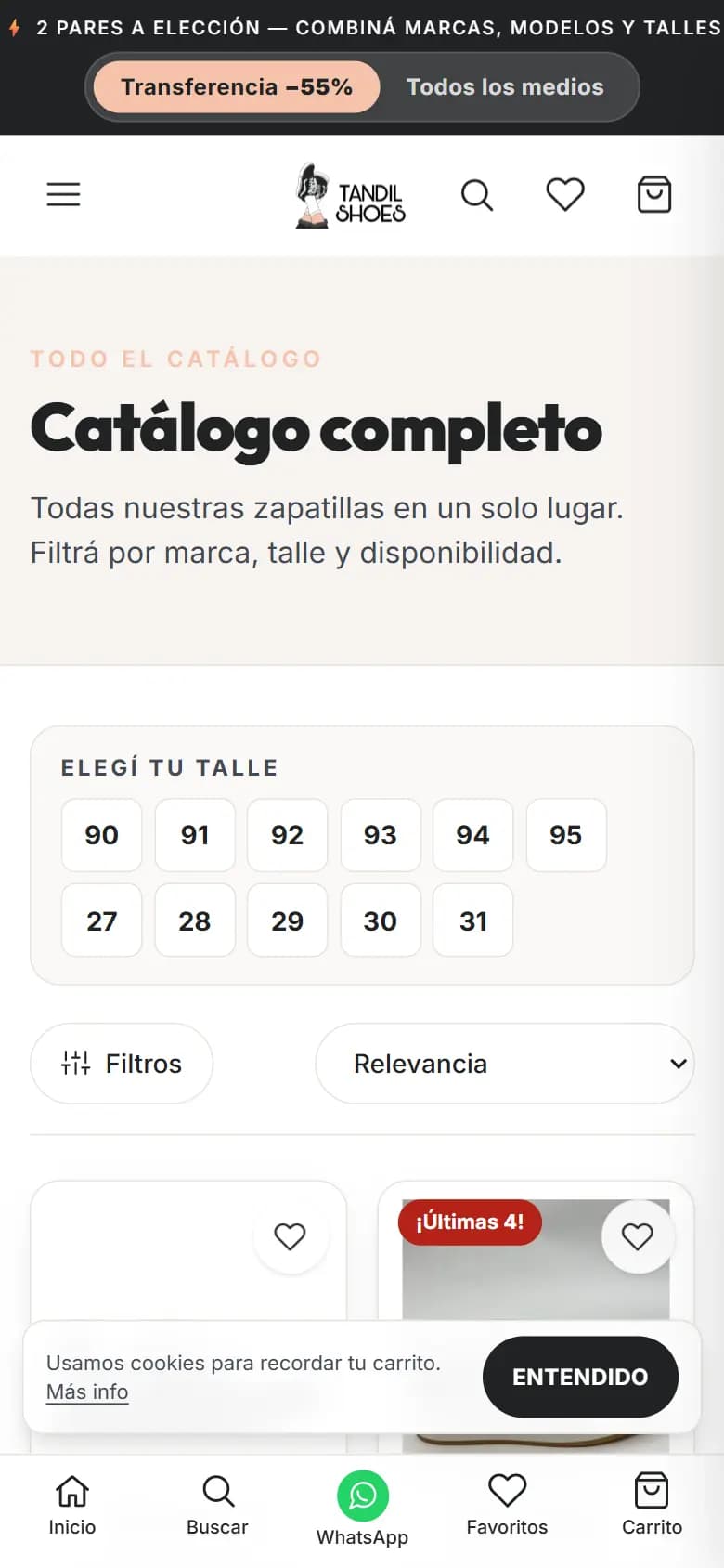 Tandil Shoes, Catálogo por talle — celular