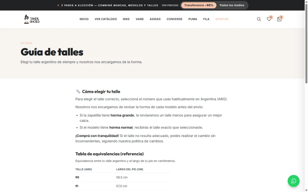 Tandil Shoes, Guía de talles — escritorio