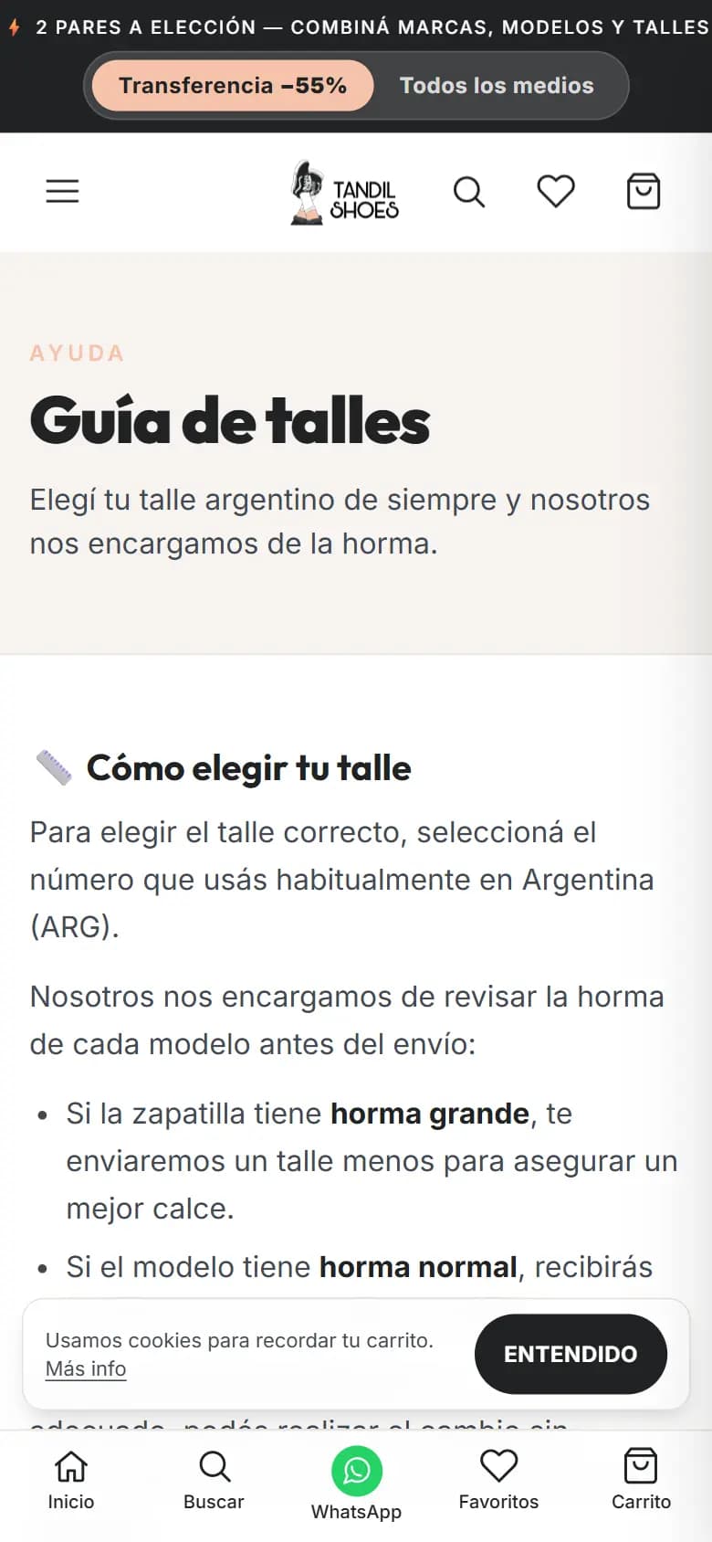 Tandil Shoes, Guía de talles — celular