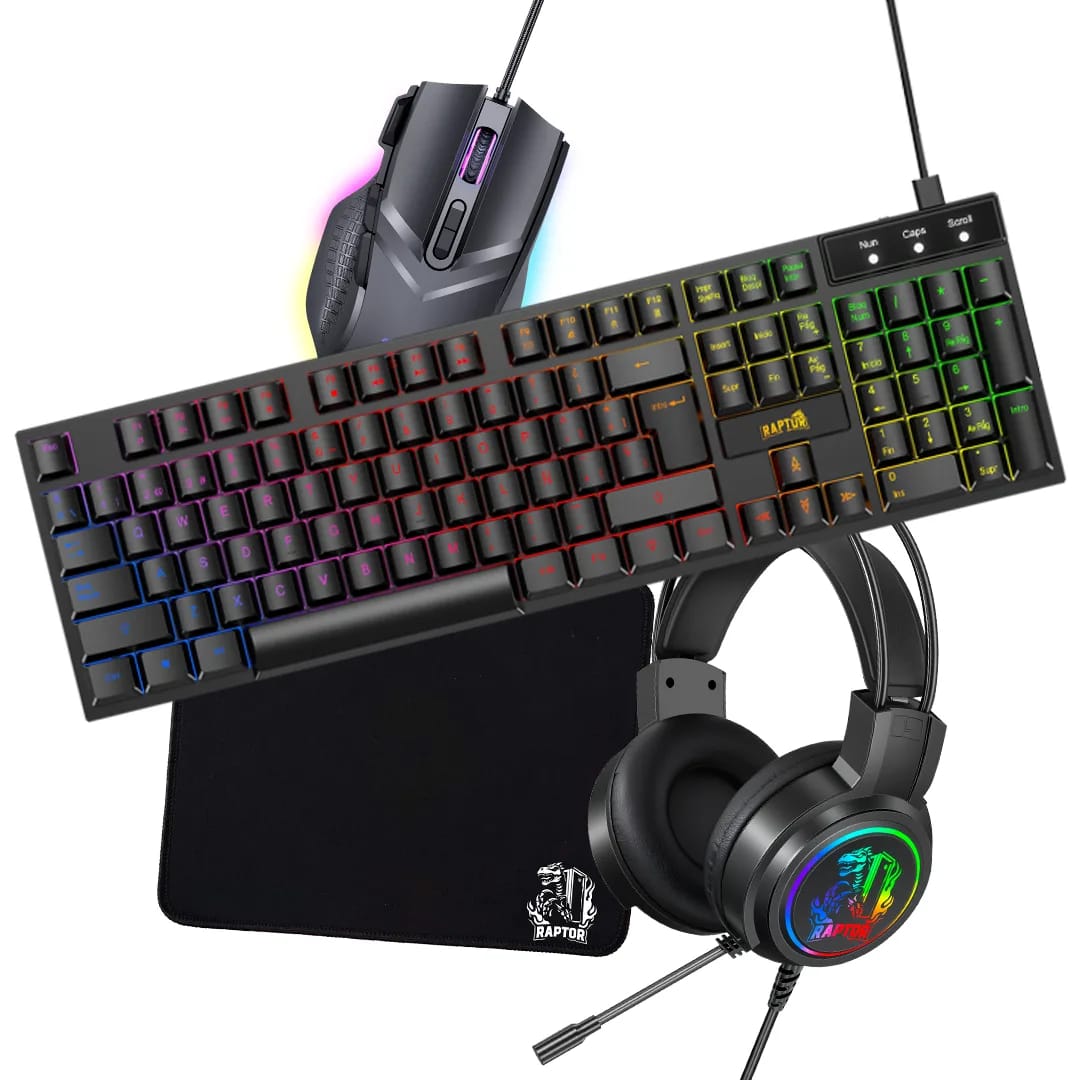 Combo Gamer Raptor Teclado Mecánico 104 teclas + Mouse RGB 7200dpi + Mouse Pad S + Auricular 3.5