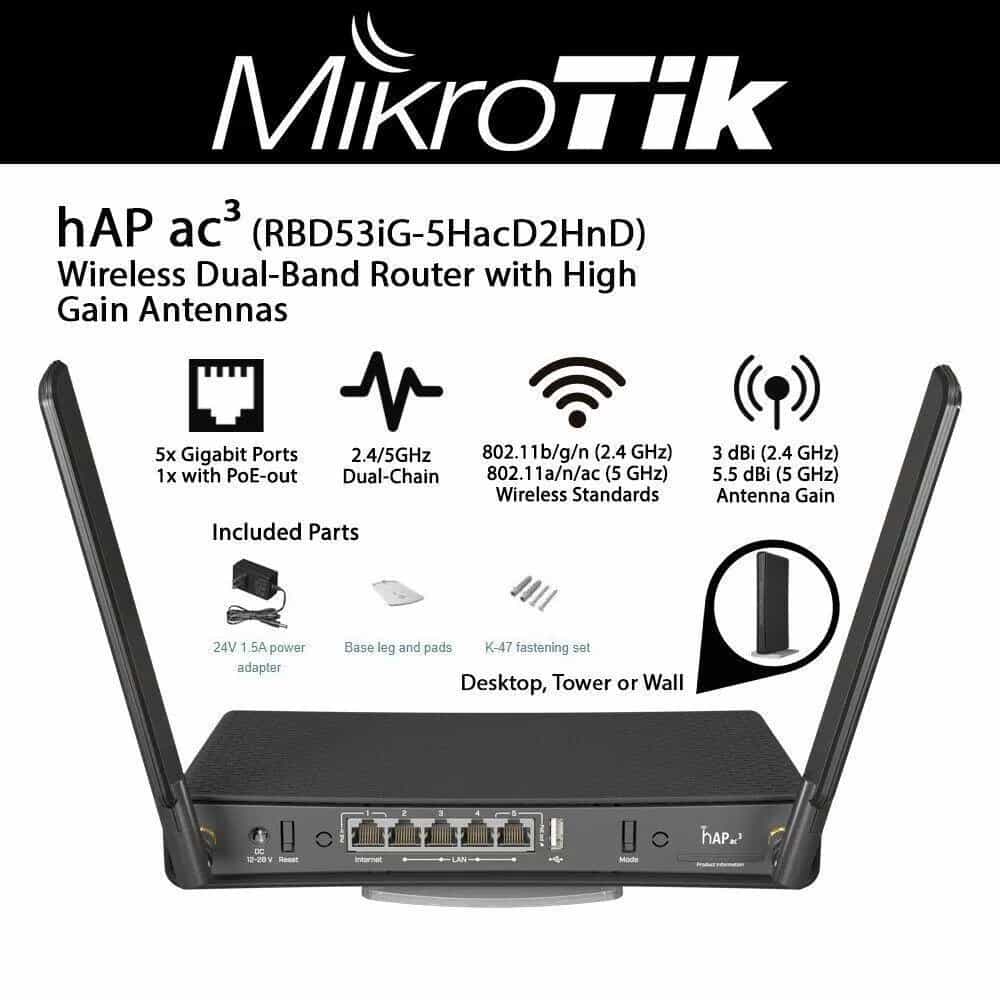ROUTER-AP MIKROTIK RBD53IG-5HACD2HND 5 PUERTOS GIGABIT 256 RAM CPU 4 core IPQ-4019 716 MHzCLEOS