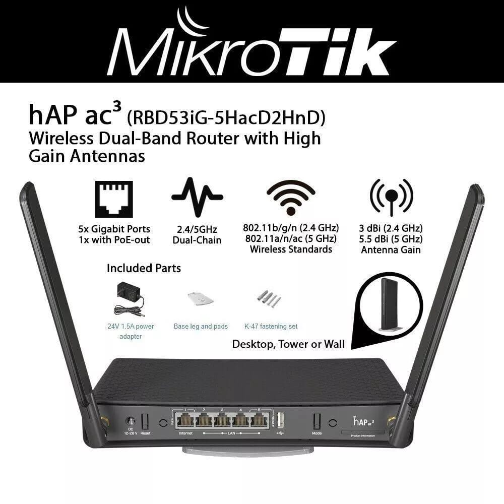 ROUTER-AP MIKROTIK RBD53IG-5HACD2HND 5 PUERTOS GIGABIT 256 RAM CPU 4 core IPQ-4019 716 MHzCLEOS