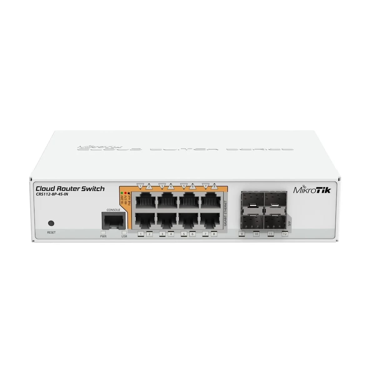 Cloud Router Switch 112-8P-4S-IN with QCA8511 400Mhz CPU, 128MB RAM, 8xGigabit LAN with PoE-out, 4xSFP, RouterOS L5, desktop case, PSU