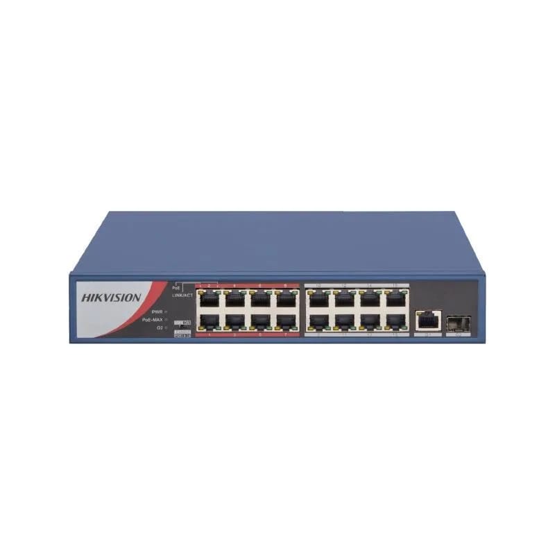Switch PoE Hikvision 16 puertos 10/100 PoE + 1 SFP + 1 RJ45 uplink DS-3E0318P-E/M (C)