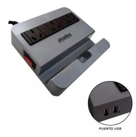 Zapatilla Atomlux R2200 2 Puertos USB 3 Tomacorrientes 3 Salidas y 2MTRS de Cable