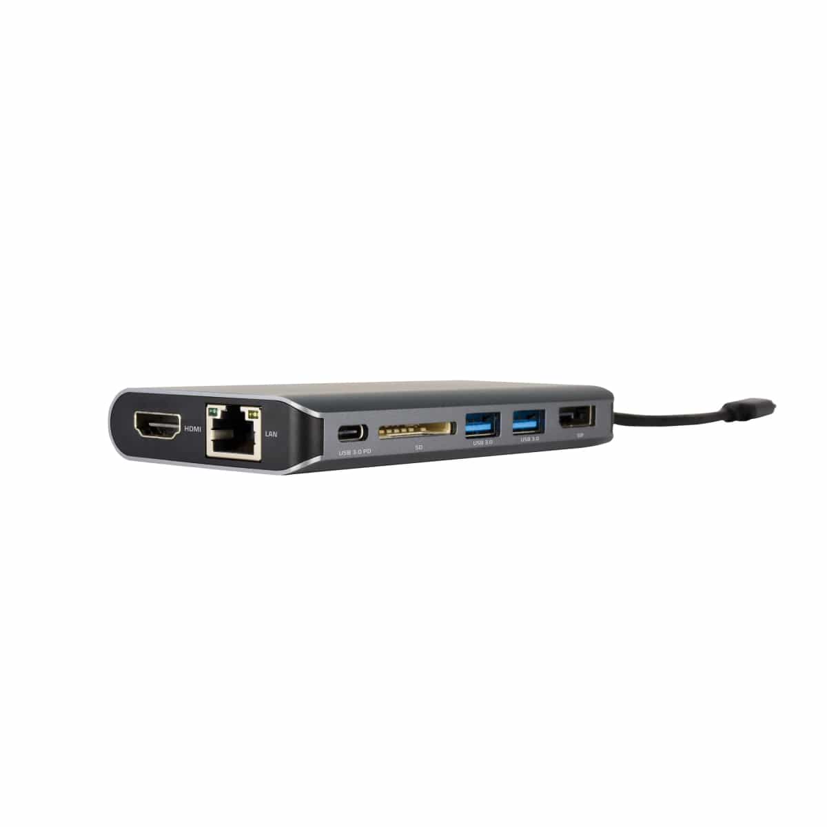 USB–C Hub Multiport Adapter; 4K@30 HDMI output, 4K@30 DisplayPort output, USB 3.0 data and charging port, Ethernet port, USB–C data port and charging pass–through