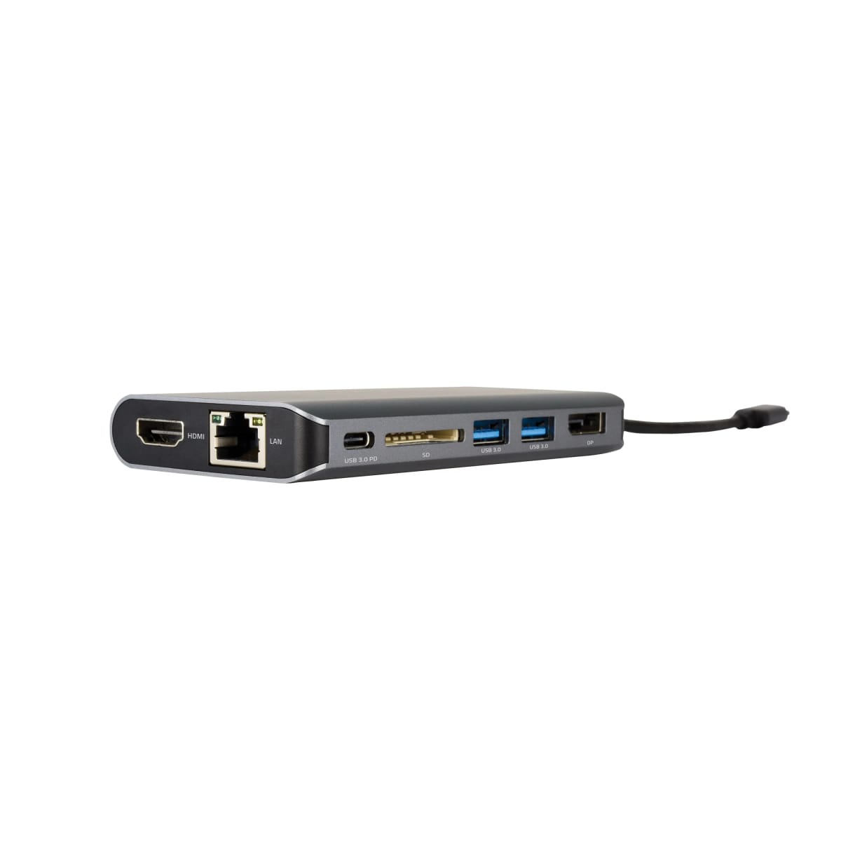 USB–C Hub Multiport Adapter; 4K@30 HDMI output, 4K@30 DisplayPort output, USB 3.0 data and charging port, Ethernet port, USB–C data port and charging pass–through