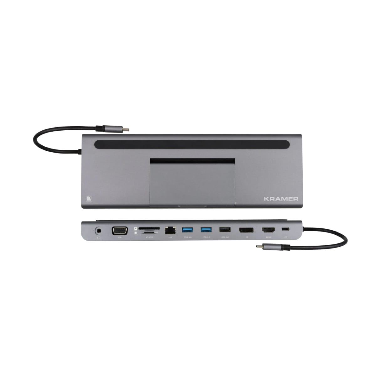 Docking station USB–C - Salida HDMI 4K - Salida DisplayPort 4K- Salida VGA - Puerto de carga y datos USB 3.0 - Puerto Ethernet -Puerto de datos USB–C y paso de carga-Puertos SD y MicroSD