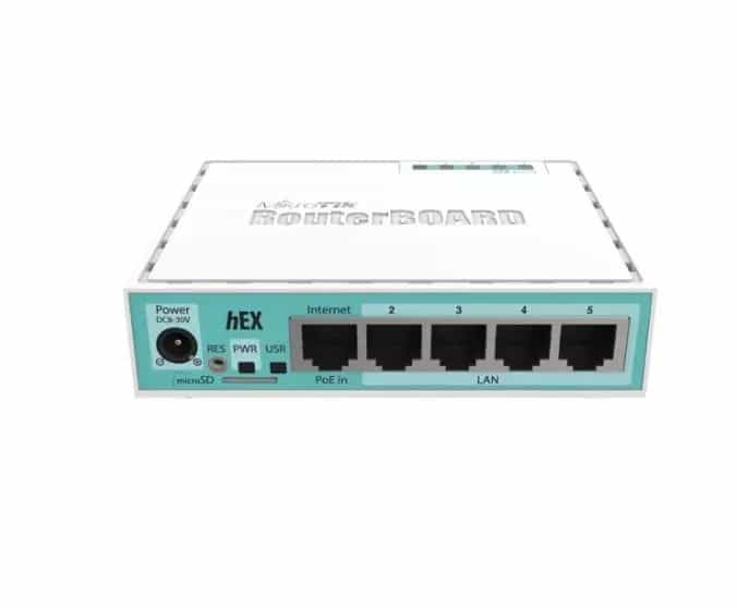 hEX with Dual Core 880MHz MHz CPU, 256MB RAM, 5 Gigabit LAN/WAN, USB, RouterOS L4 SIN FUENTE