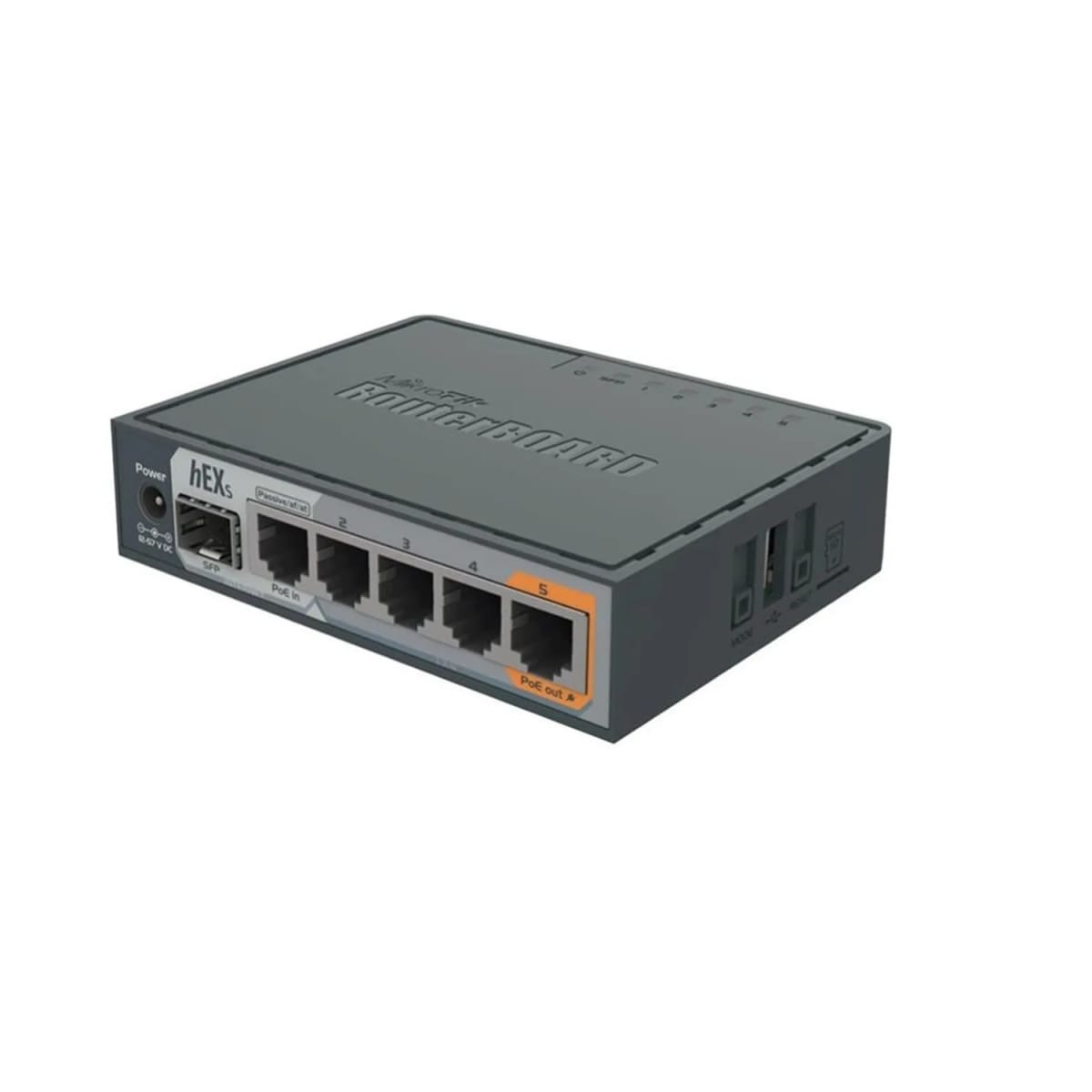 hEX S with Dual Core 880MHz MHz CPU, 256MB RAM, 5 Gigabit LAN ports, SFP, USB, PoE-out on port #5, RouterOS L4, plastic case, PSU