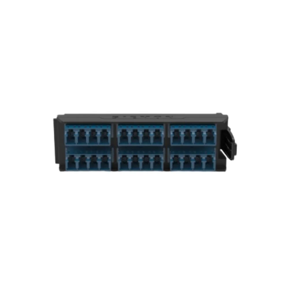 Fibra, placa adaptadora, LightVerse, 24 fibras, LC, plano, adaptador azul, carcasa negra, funda cerámica