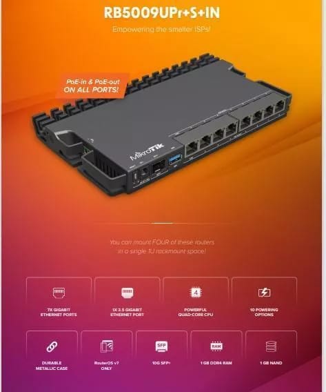 Router Mikrotik RB5009UPR+S+IN CF 7P GIGA+1 2.5GB+SFP+POE130W 4 CORE 1.4GHZ 1GB RAM DDR4