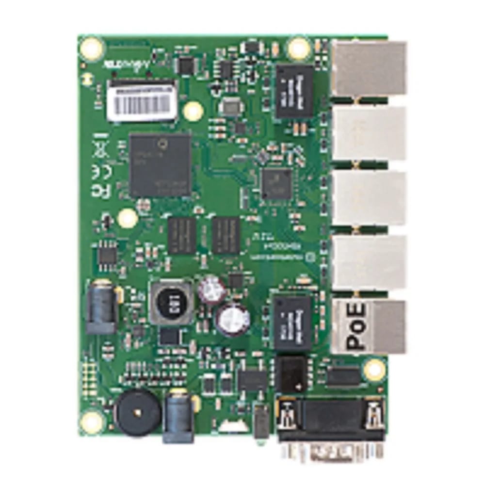 RouterBOARD 450Gx4 with four core 716MHz Atheros CPU, 1 GB RAM, 5 Gigabit LAN ports, PoE OUT on port #5, RouterOS L5
