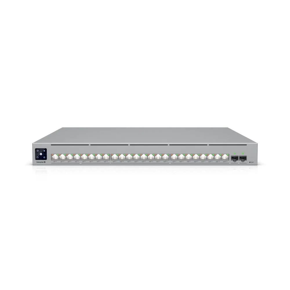 Enterprise-grade 24-port, Layer 3 Etherlighting™ PoE+++ switch with high-capacity 10 GbE RJ45 and 25G SFP28 connections for high availability system design