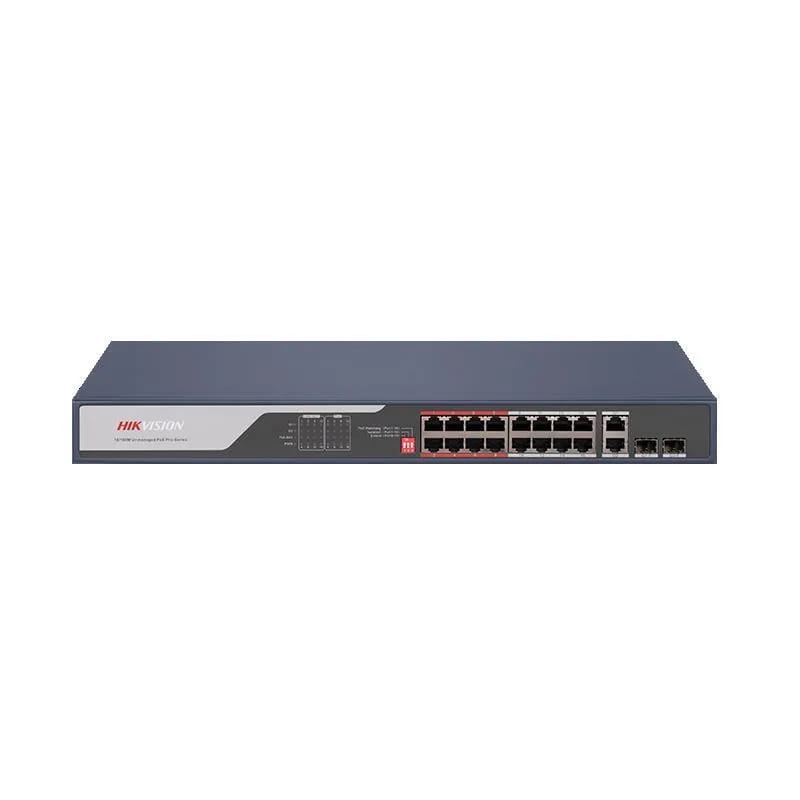 Switch Hikvision 16 puertos 10/100 PoE + 2 uplink Gigabit de escritorio DS-3E0318P-E (C)
