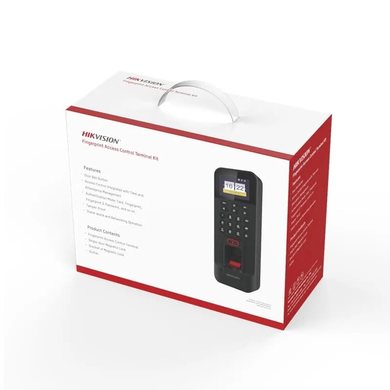 Kit de control de acceso Hikvision huella y Mifare con cerradura magnética y botón DS-KAS261