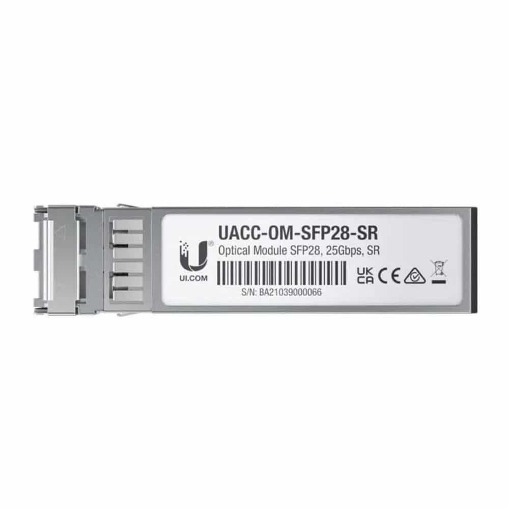 SFP28 transceiver that supports 25G connections up to 100 m using multi-mode fiber with a duplex LC UPC connector