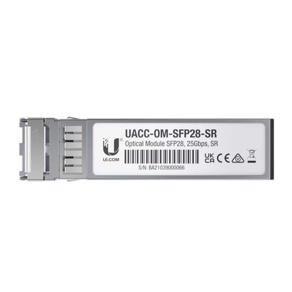 SFP28 transceiver that supports 25G connections up to 100 m using multi-mode fiber with a duplex LC UPC connector