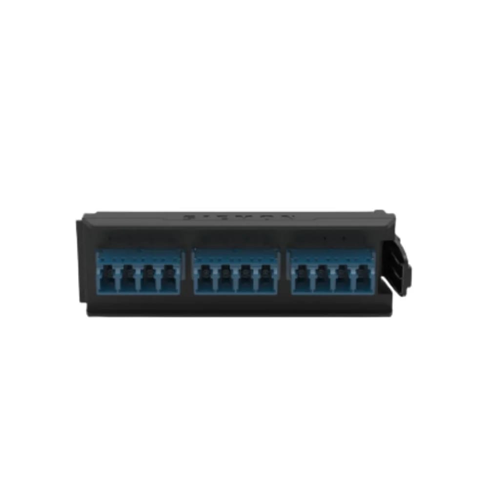 Fibra, placa adaptadora, LightVerse, 12 fibras, LC, plano, adaptador azul, carcasa negra, funda cerámica