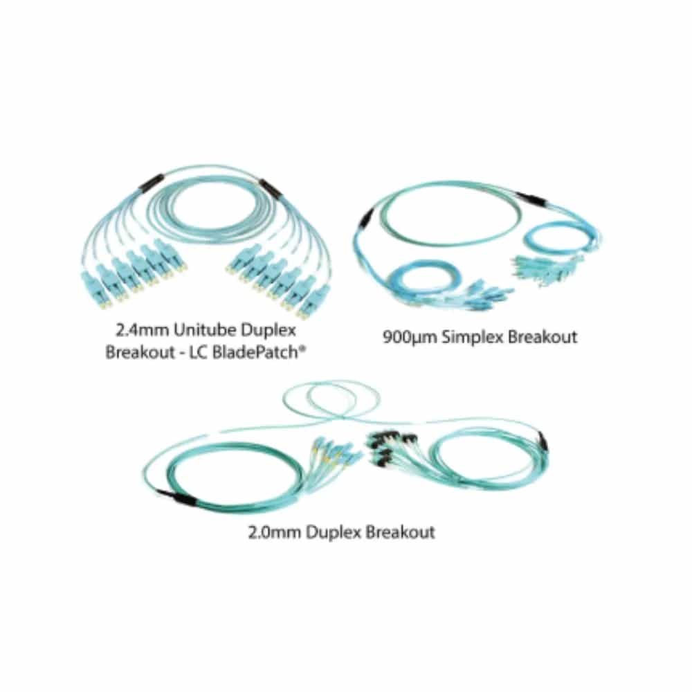 Fiber, Trunk, RazorCore,24 Fiber, Indoor, XGLO, Multimode, LC BladePatch,2.4MM, LC BladePatch,2.4MM, OM4,50/125, Aqua, LSOH-3C, Pulling Eye Side A & B,040 Meter
