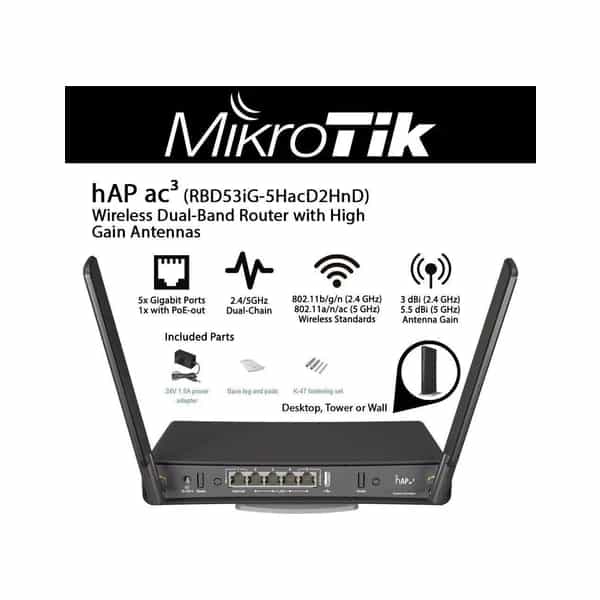 Router WiFi MikroTik hAP ac3 RBD53IG-5HACD2HND 5 puertos Gigabit doble banda 256MB RAM
