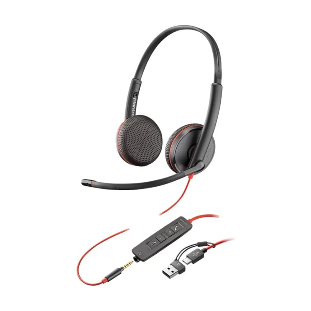 Auricular con Micrófono Stereo Poly Blackwire 3225 + CONECTOR DE 3.5 MM + ADAPTADOR USB-C/A 8X229A6