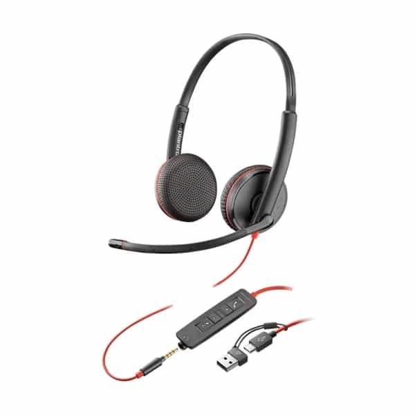 Auricular con Micrófono Stereo Poly Blackwire 3225 + CONECTOR DE 3.5 MM + ADAPTADOR USB-C/A 8X229A6