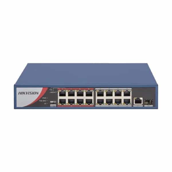 Switch PoE Hikvision 16 puertos 10/100 PoE + 1 SFP + 1 RJ45 uplink DS-3E0318P-E/M (C)