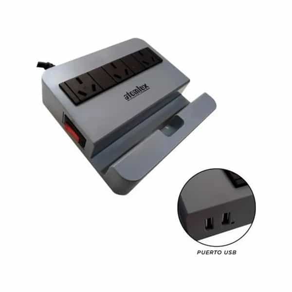 Zapatilla Atomlux R2200 2 Puertos USB 3 Tomacorrientes 3 Salidas y 2MTRS de Cable