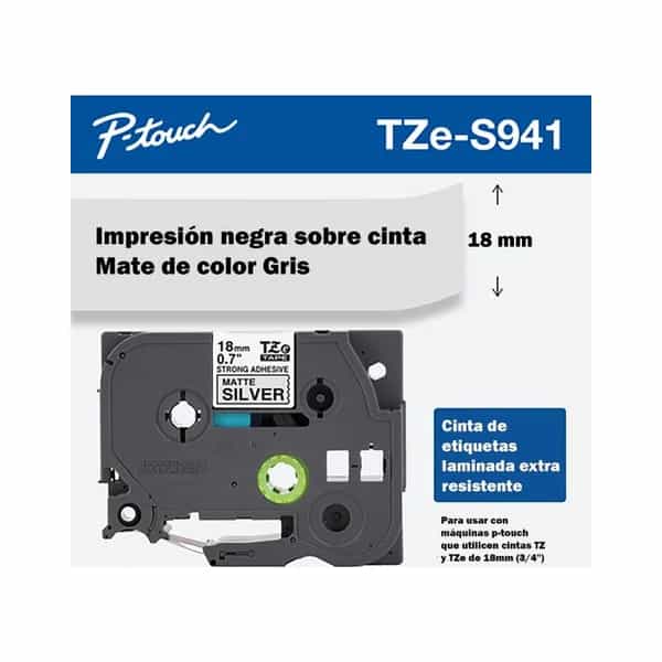 Cinta Brother TZES941 negro sobre plata 18mm x 8m