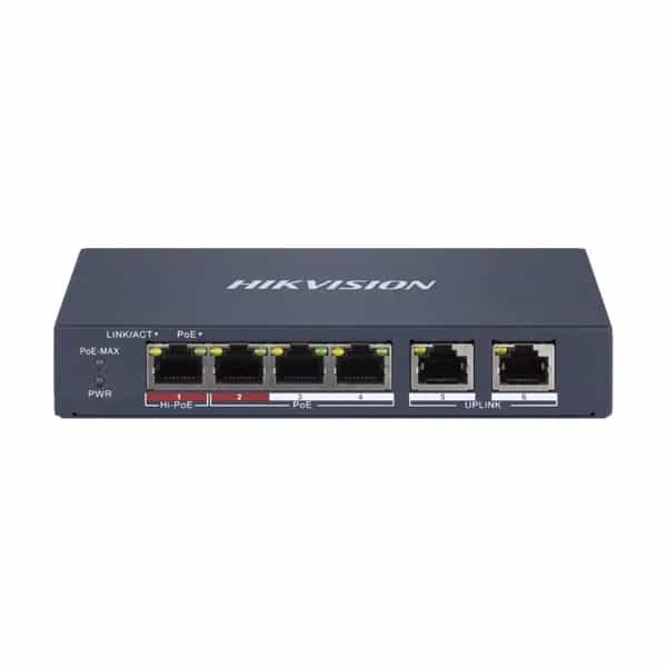Switch PoE Hikvision 4 puertos 10/100 PoE + 2 RJ45 Hi-PoE 60W DS-3E1106HP-EI