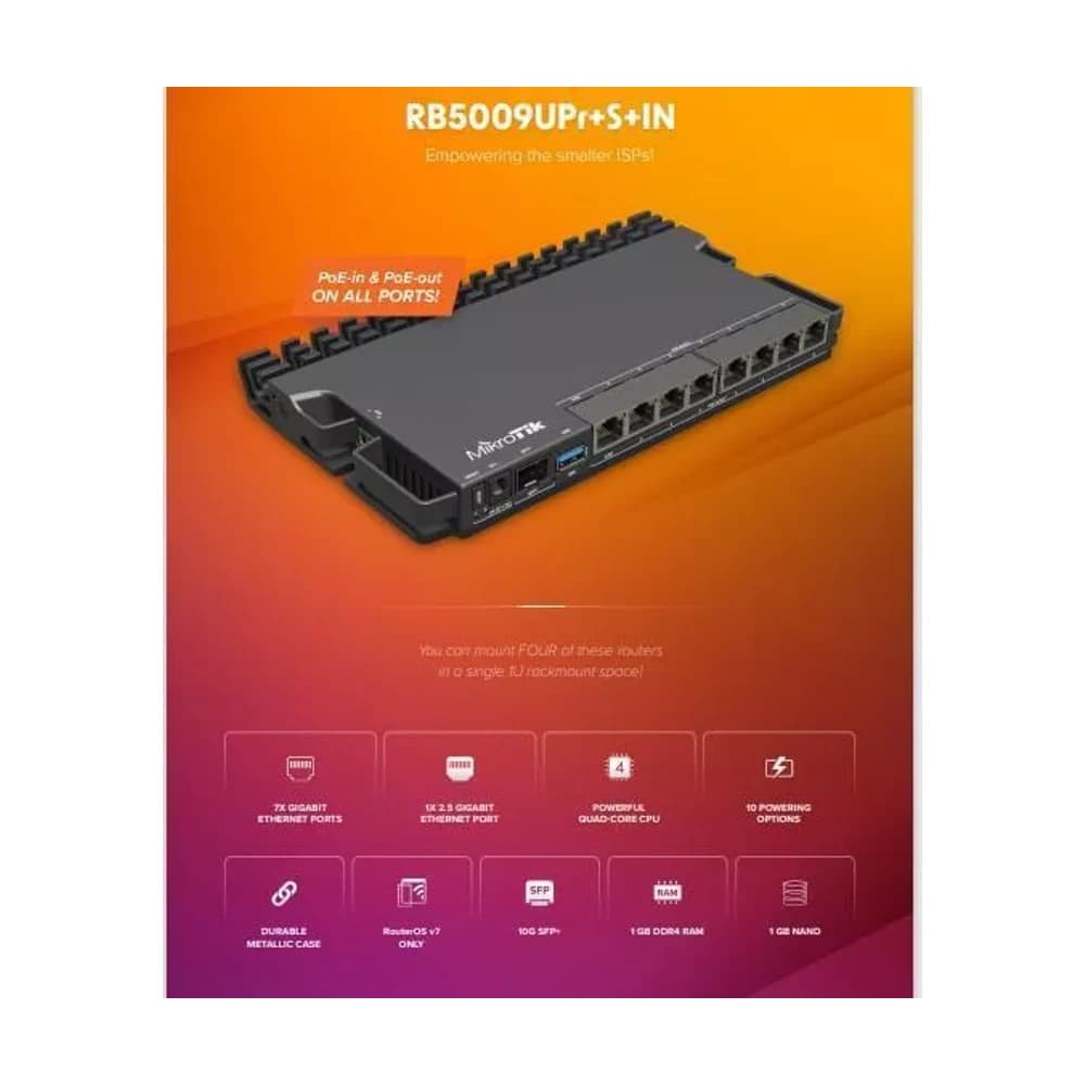 Router MikroTik RB5009UPr+S+IN 7 puertos Gigabit + 1 de 2.5G + SFP+ PoE 130W con fuente