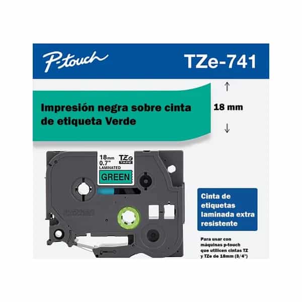 Cinta Brother TZE741 negro sobre verde 18mm x 8m
