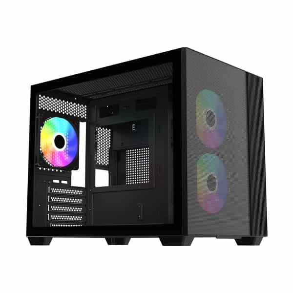 Gabinete Cooler Master Elite 461 Mini Tower 3 Fans Tempered Glass Black sin Fuente