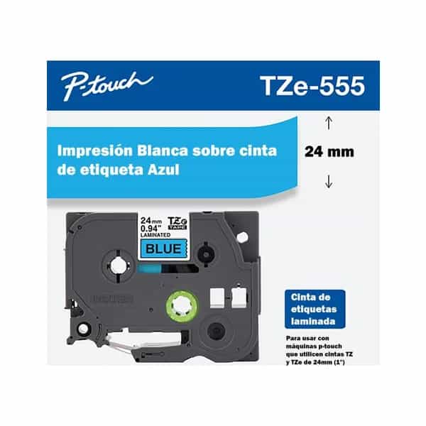 Cinta laminada Brother TZE555 blanco sobre azul 24mm x 8m
