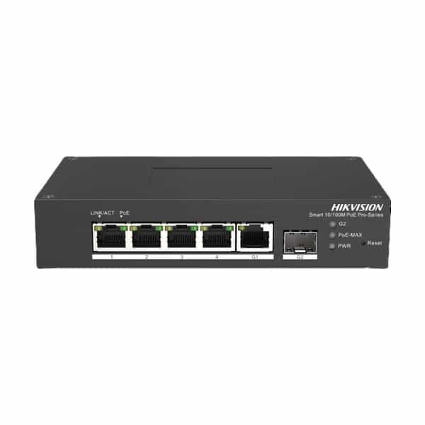 Switch PoE industrial Hikvision 4 puertos 10/100 + 1 Gigabit + 1 fibra DS-3T1306P-SI/HS