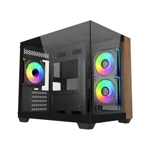Gabinete Cooler Master Elite 481 Micro ATX panorámico frente madera 3 fans ARGB E481-KHNN-S00