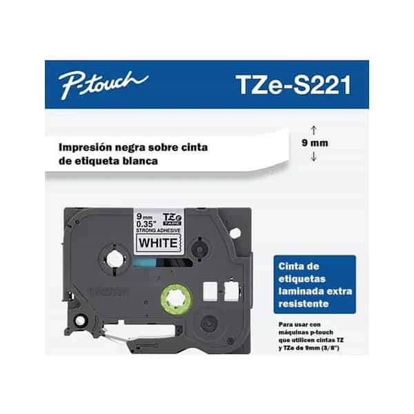 Cinta laminada extra resistente Brother TZES221 negro sobre blanco 9mm x 8m